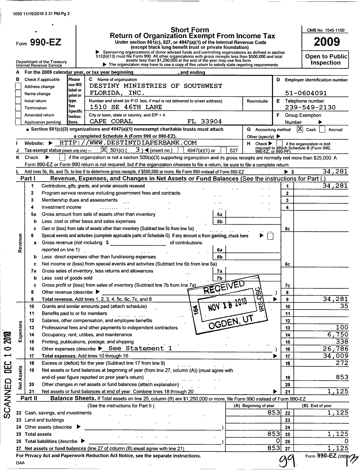 Image of first page of 2009 Form 990EZ for Destiny Ministries of Southwest Florida