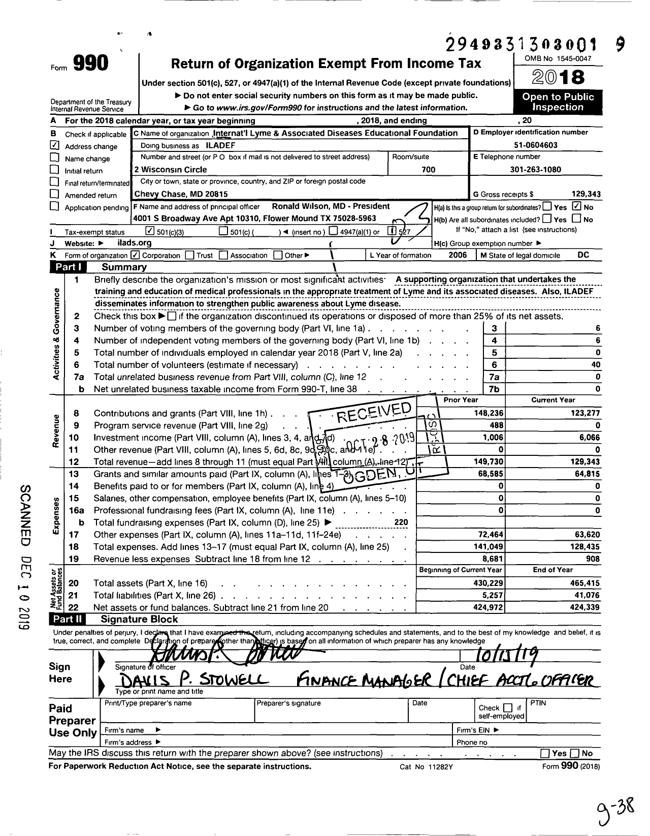 Image of first page of 2018 Form 990 for Intl Lyme and Associated Diseases Educational Foundation (ILADEF)