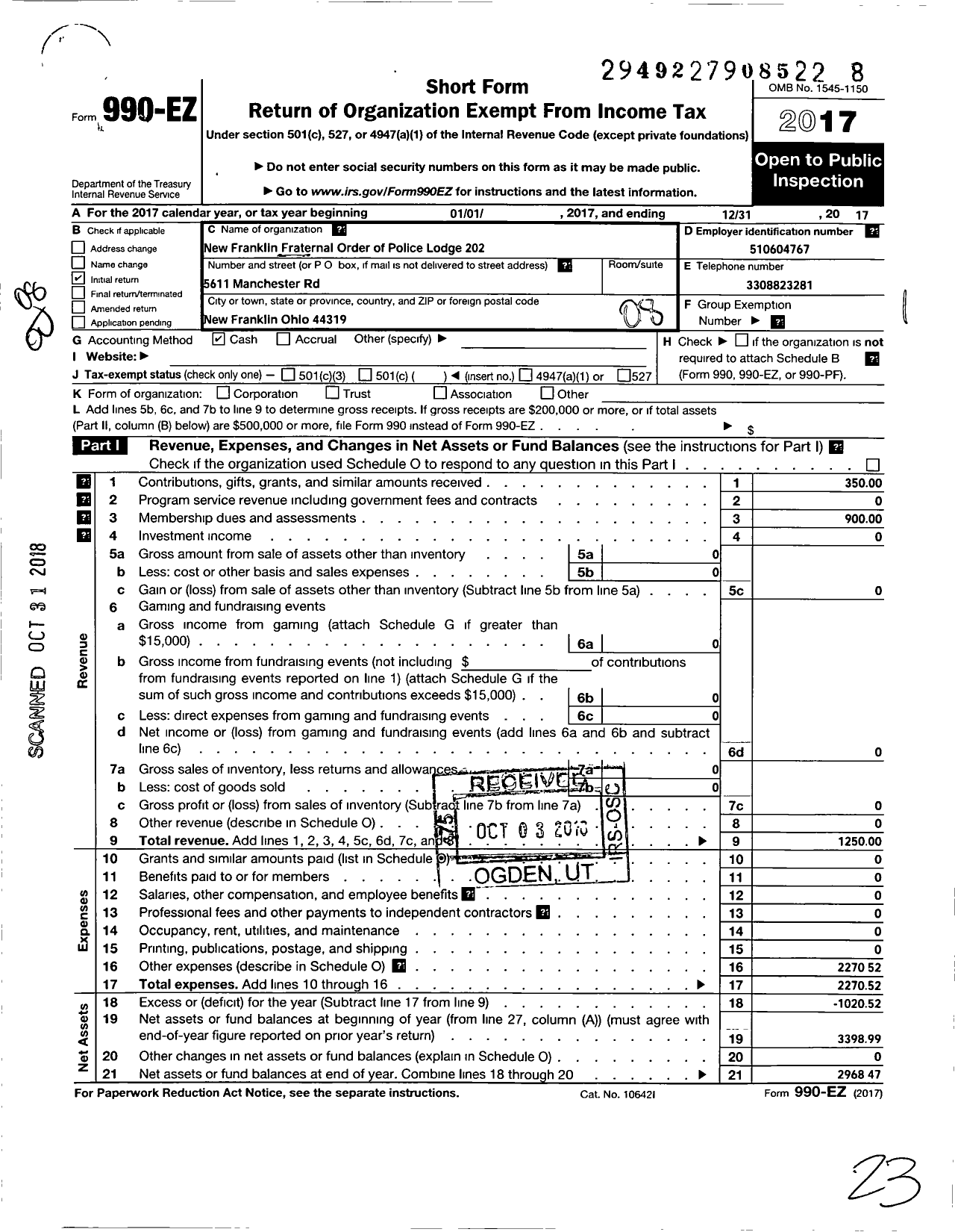 Image of first page of 2017 Form 990EO for New Franklin Fraternal Order of Police Lodge 202