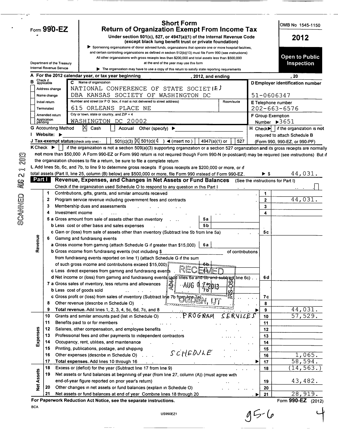 Image of first page of 2012 Form 990EO for Kansas Society of Washington DC