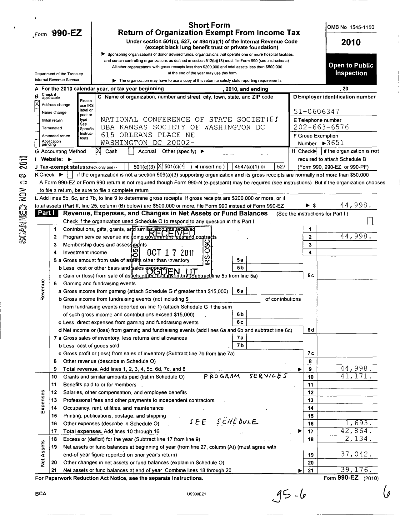 Image of first page of 2010 Form 990EO for Kansas Society of Washington DC