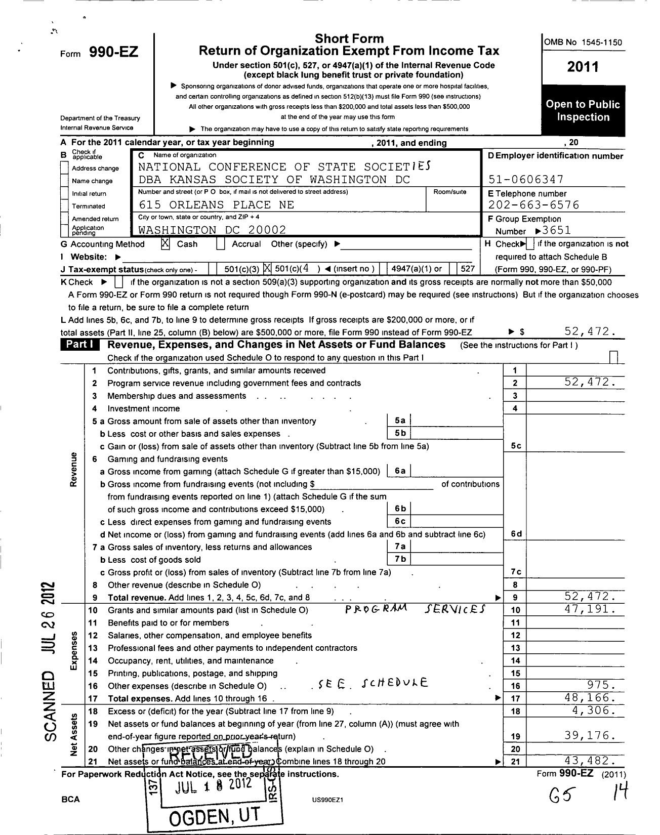 Image of first page of 2011 Form 990EO for Kansas Society of Washington DC