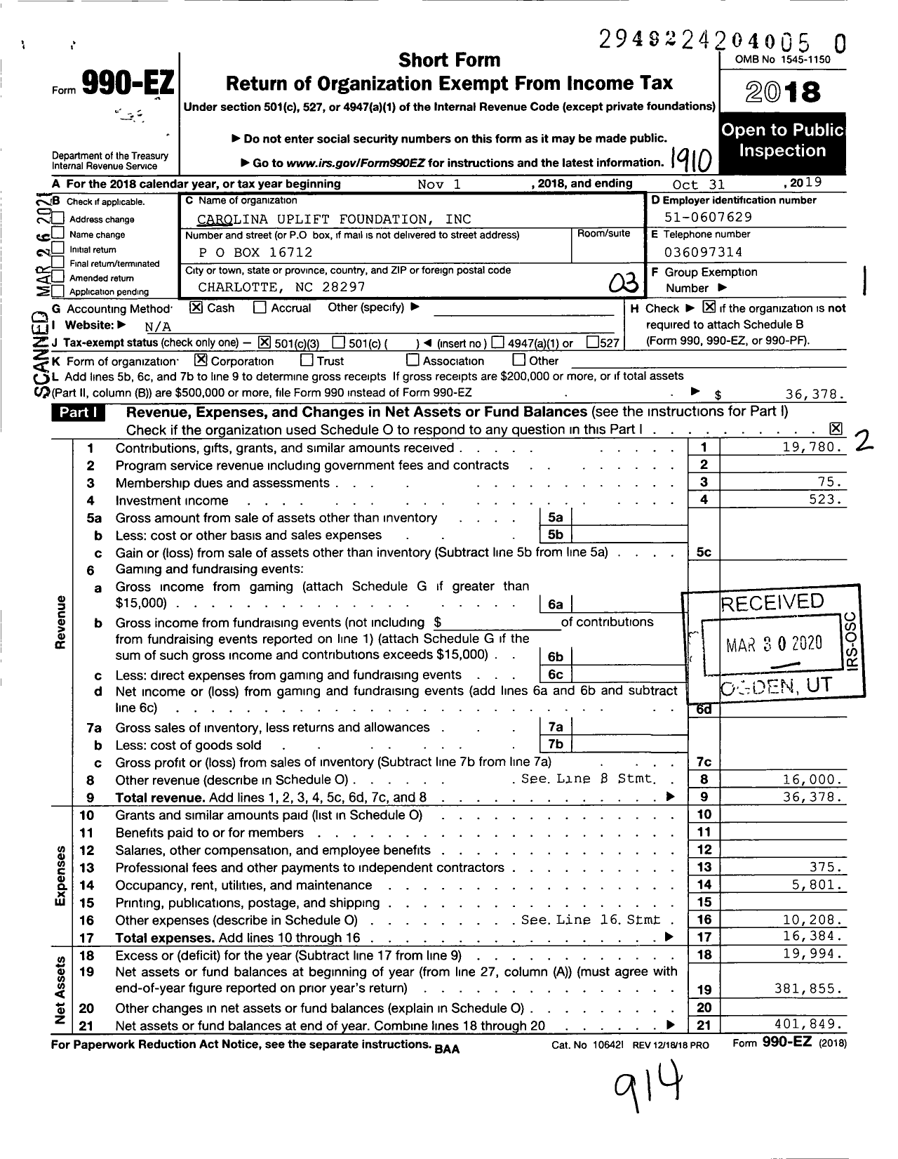 Image of first page of 2018 Form 990EZ for Carolina Uplift Foundation