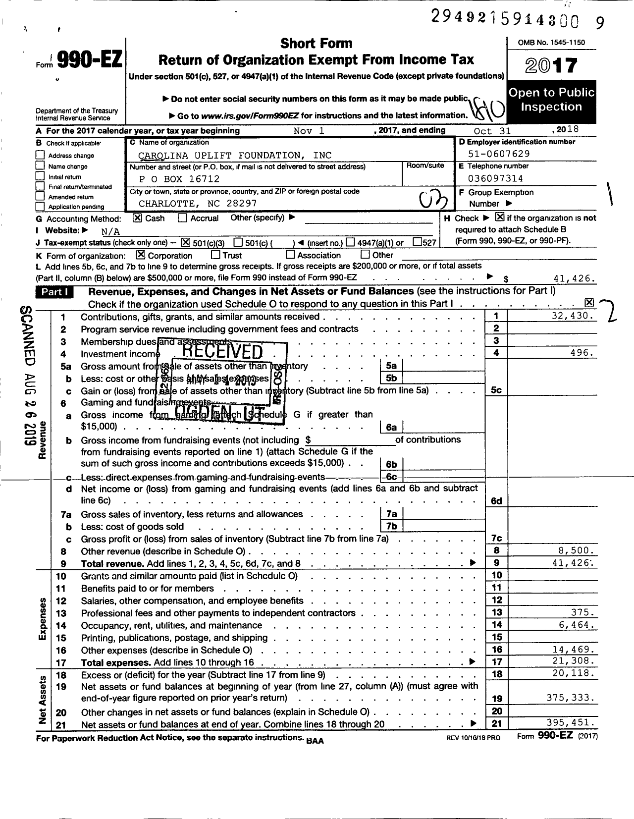 Image of first page of 2017 Form 990EZ for Carolina Uplift Foundation