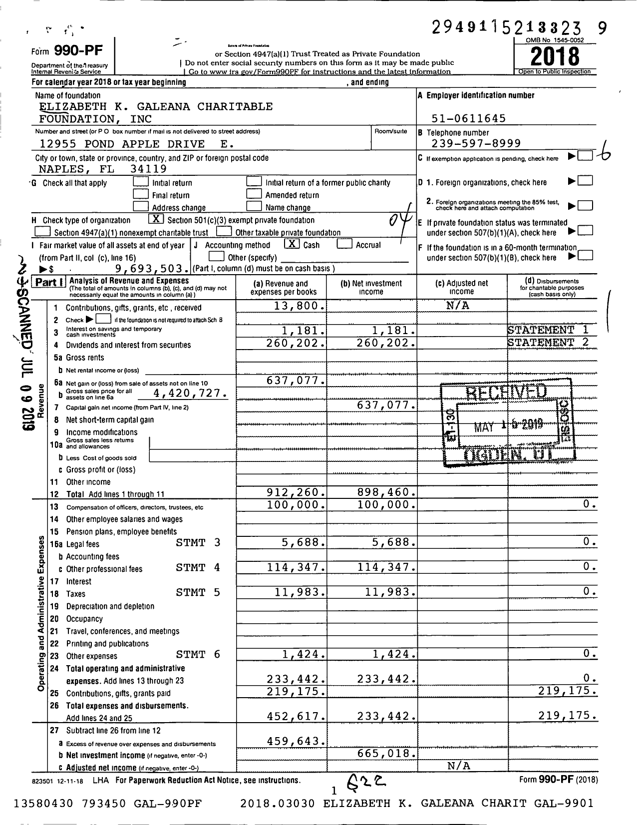 Image of first page of 2018 Form 990PF for Elizabeth K Galeana Charitable Foundation