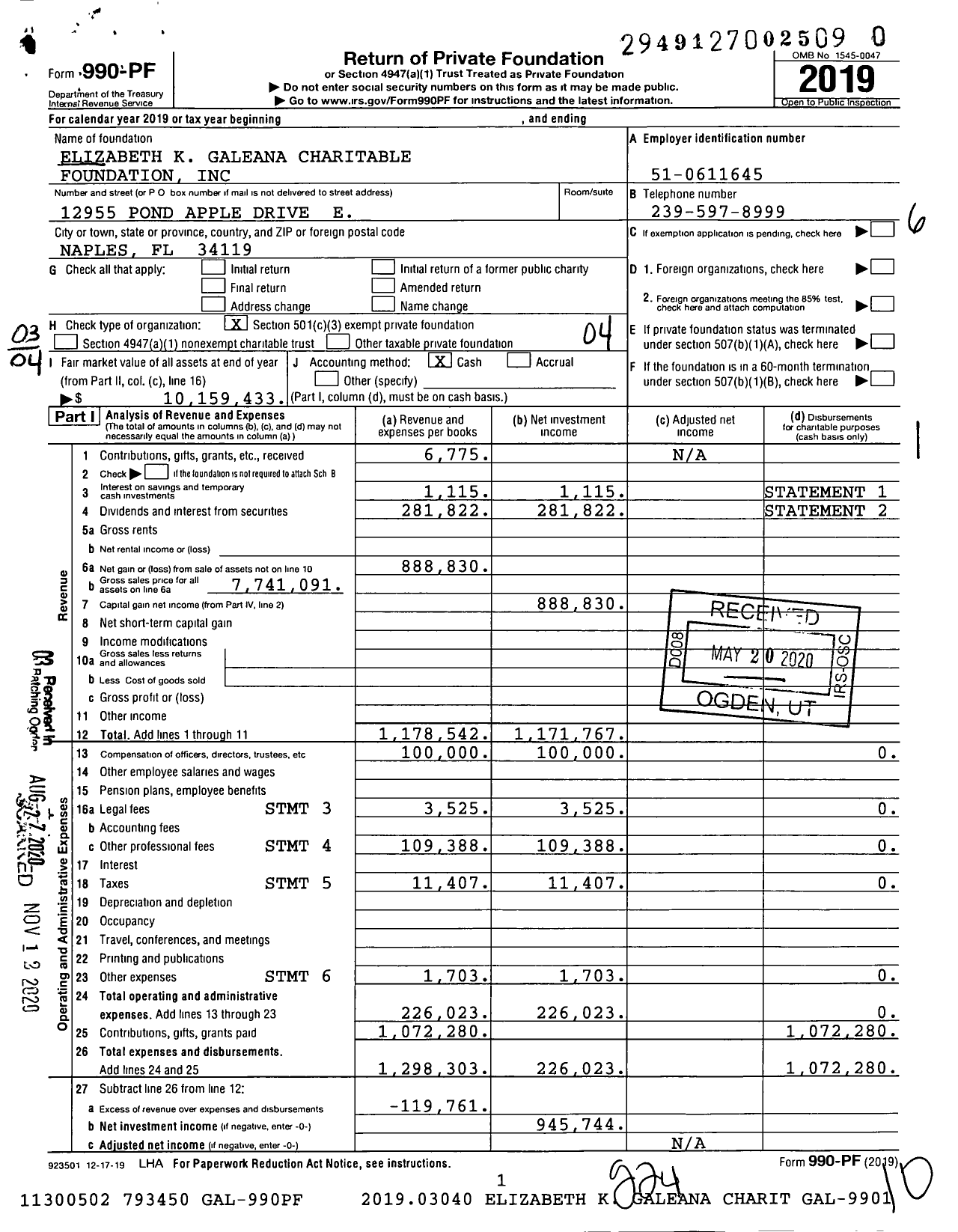 Image of first page of 2019 Form 990PF for Elizabeth K Galeana Charitable Foundation