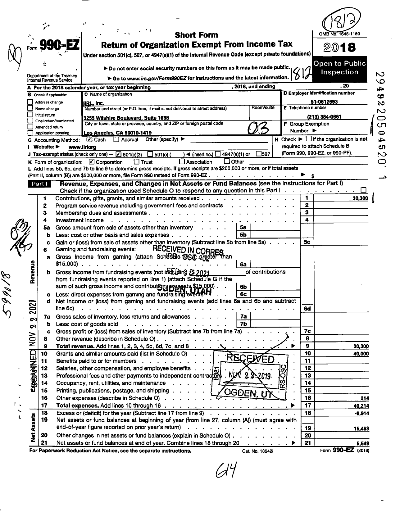 Image of first page of 2018 Form 990EZ for Iirl