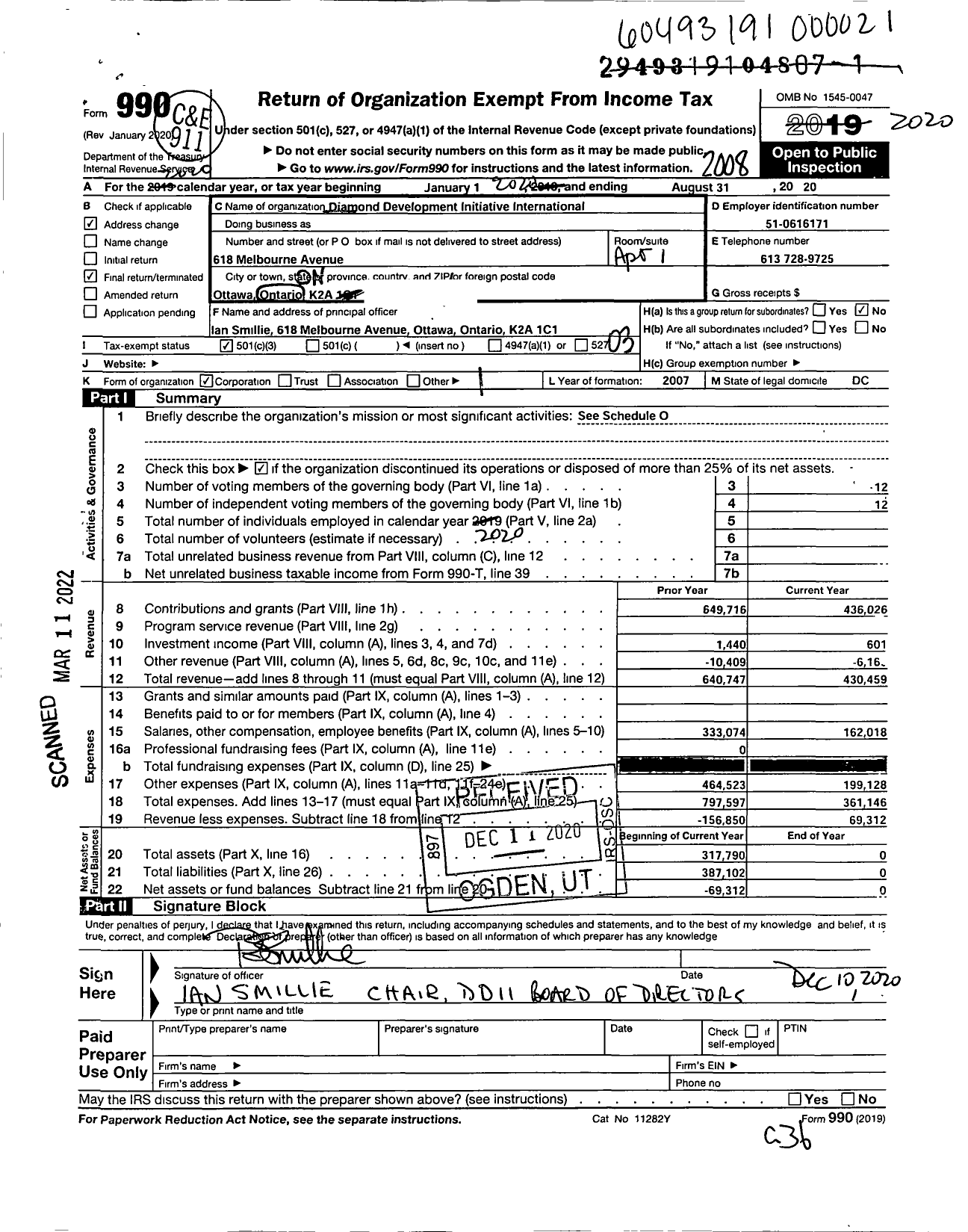 Image of first page of 2019 Form 990 for Diamond Development Initiative International