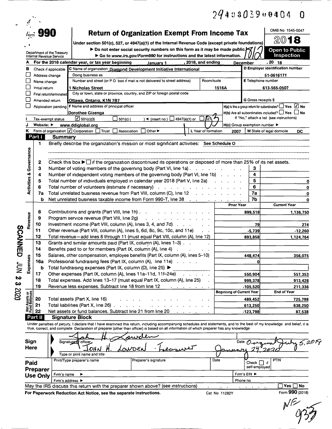 Image of first page of 2018 Form 990 for Diamond Development Initiative International