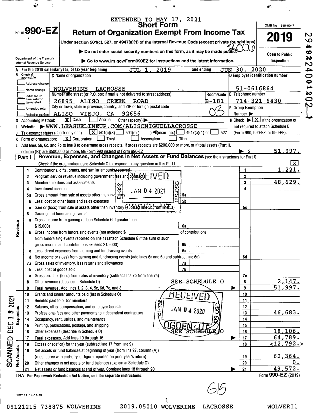 Image of first page of 2019 Form 990EZ for Wolverine Lacrosse