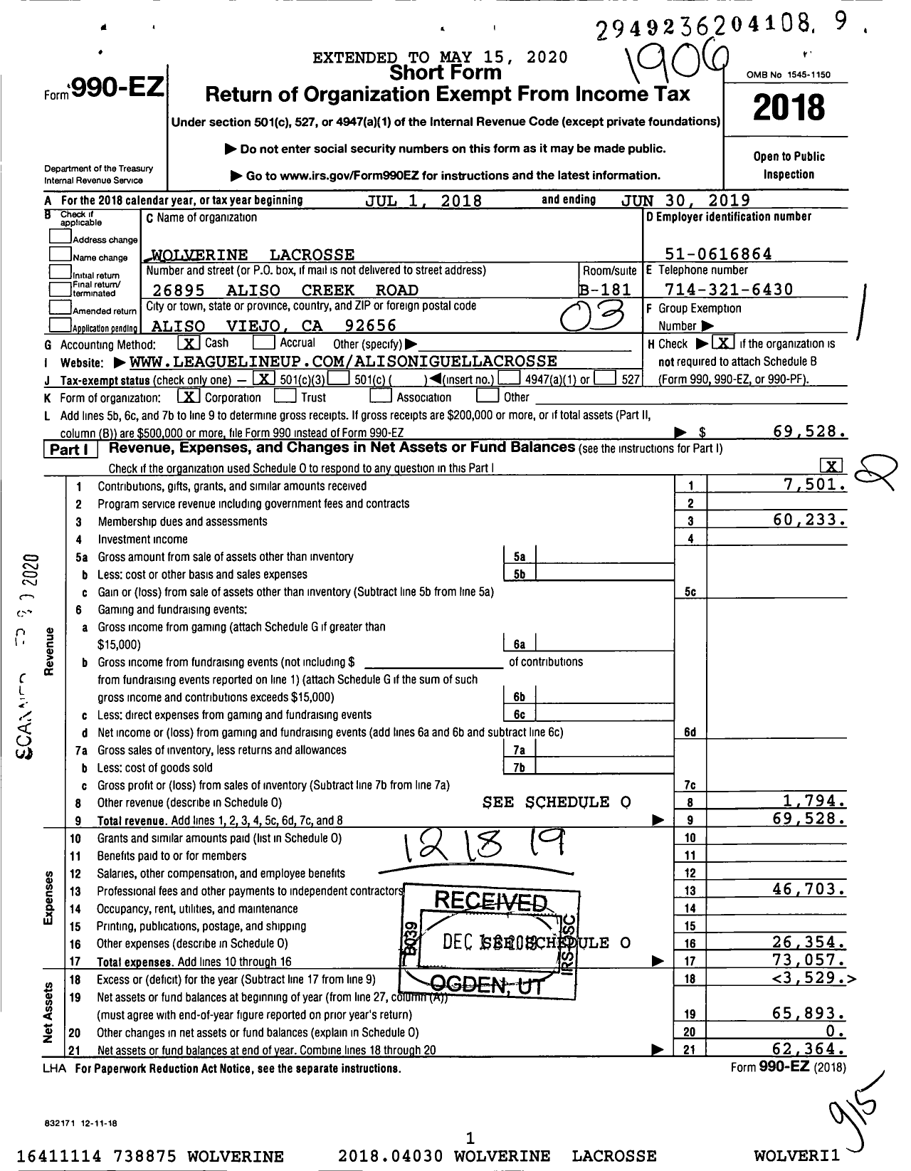 Image of first page of 2018 Form 990EZ for Wolverine Lacrosse