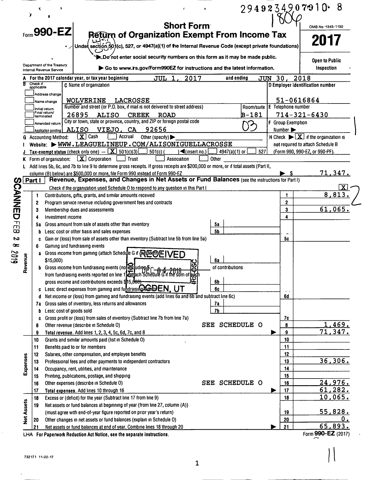 Image of first page of 2017 Form 990EZ for Wolverine Lacrosse