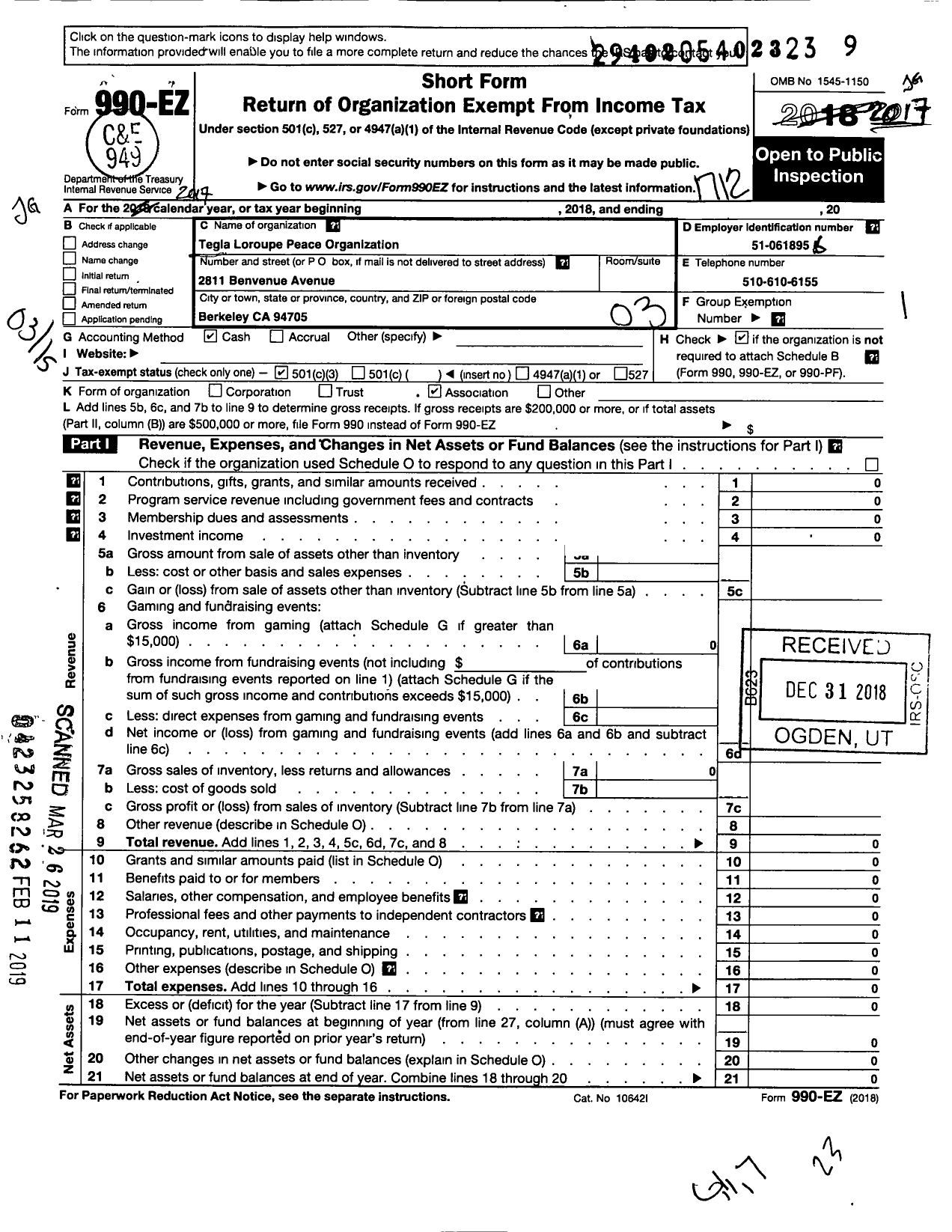 Image of first page of 2017 Form 990EZ for Tegla Loroupe Peace Organization