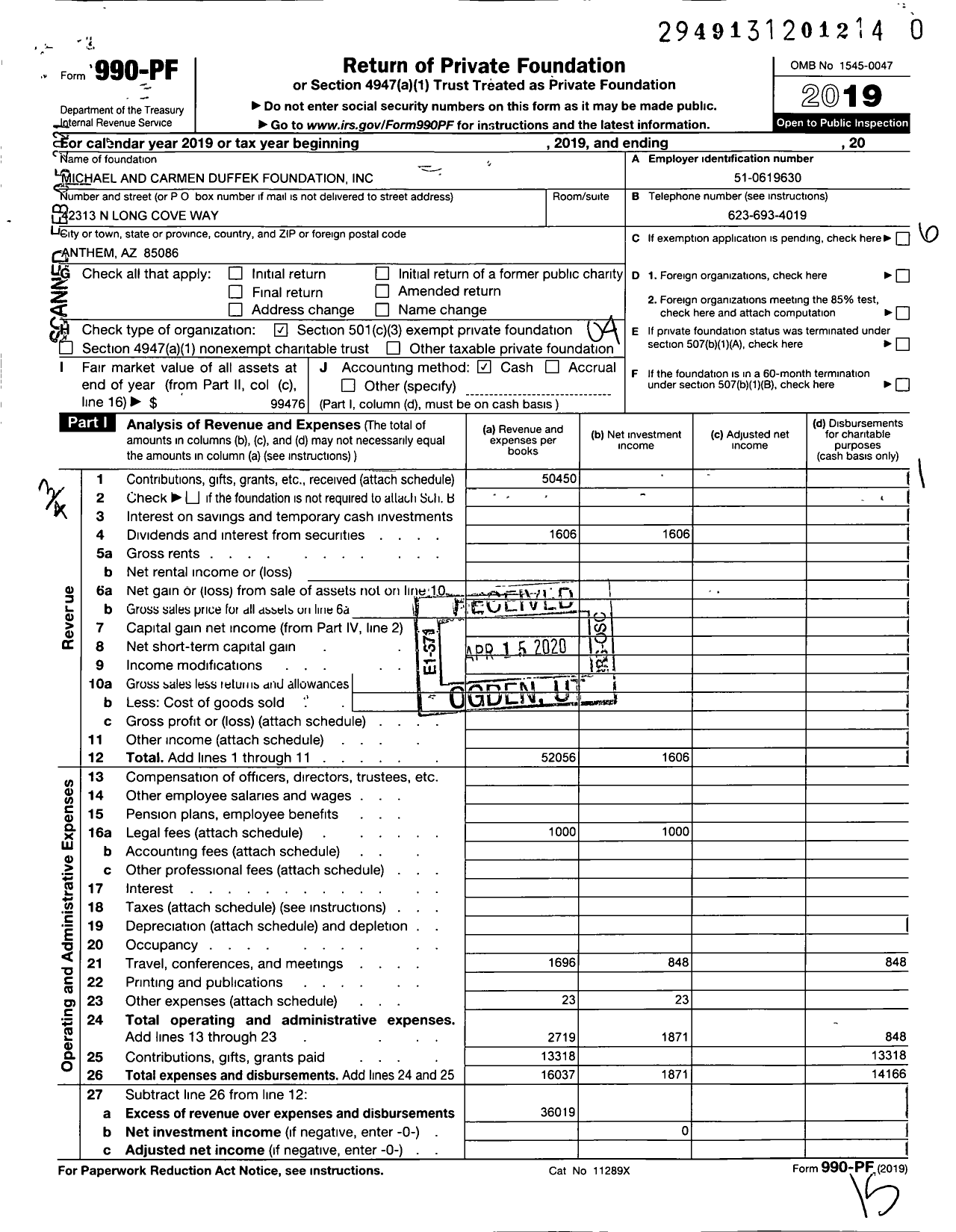 Image of first page of 2019 Form 990PF for Michael and Carmen Duffek Foundation