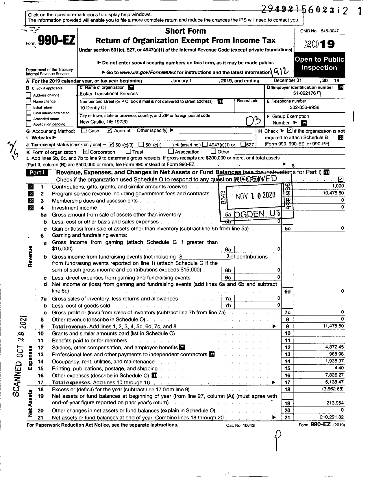 Image of first page of 2019 Form 990EZ for Fisher Transitional Services