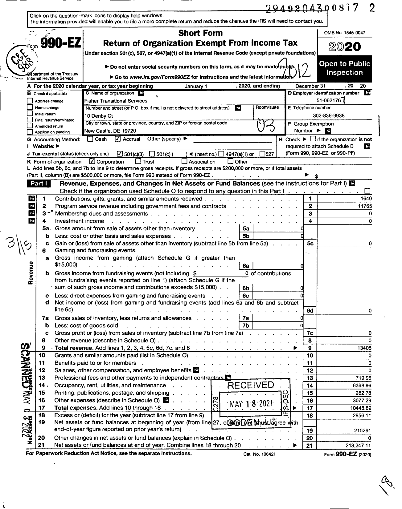 Image of first page of 2020 Form 990EZ for Fisher Transitional Services