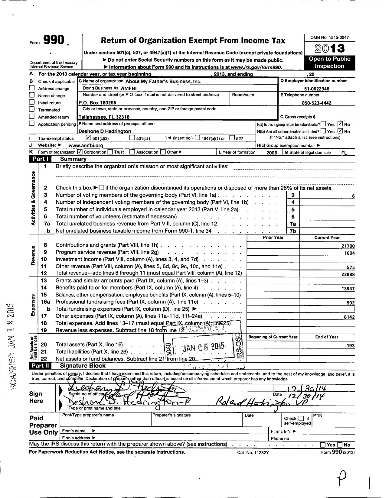 Image of first page of 2013 Form 990 for Abour My Fathers Business