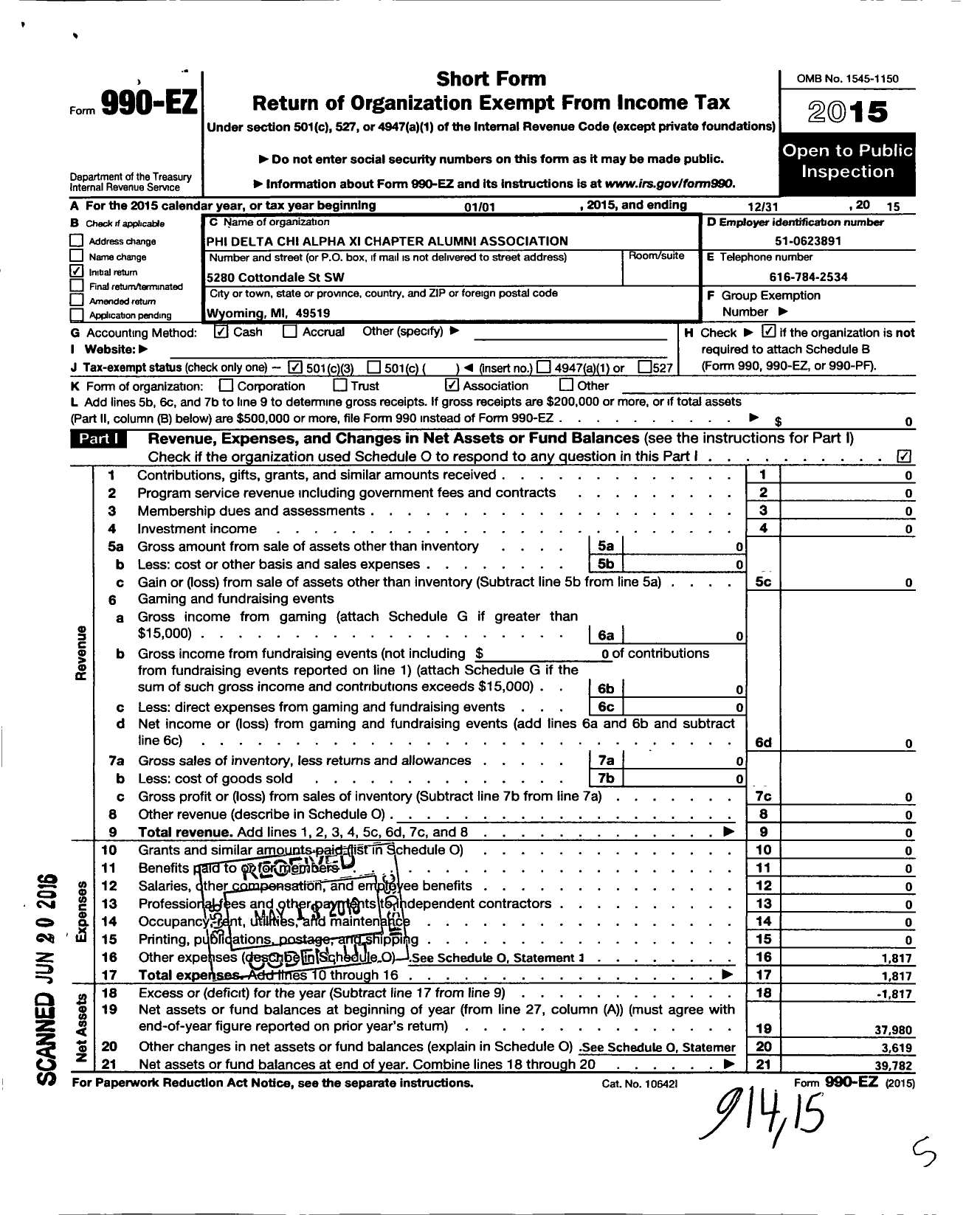 Image of first page of 2015 Form 990EZ for Phi Delta Chi Alpha Xi Chapter Alumni Association