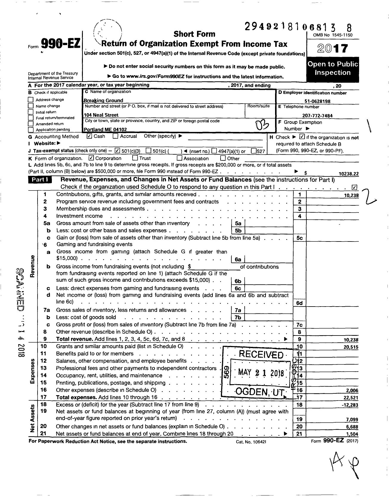 Image of first page of 2017 Form 990EZ for Breaking Ground