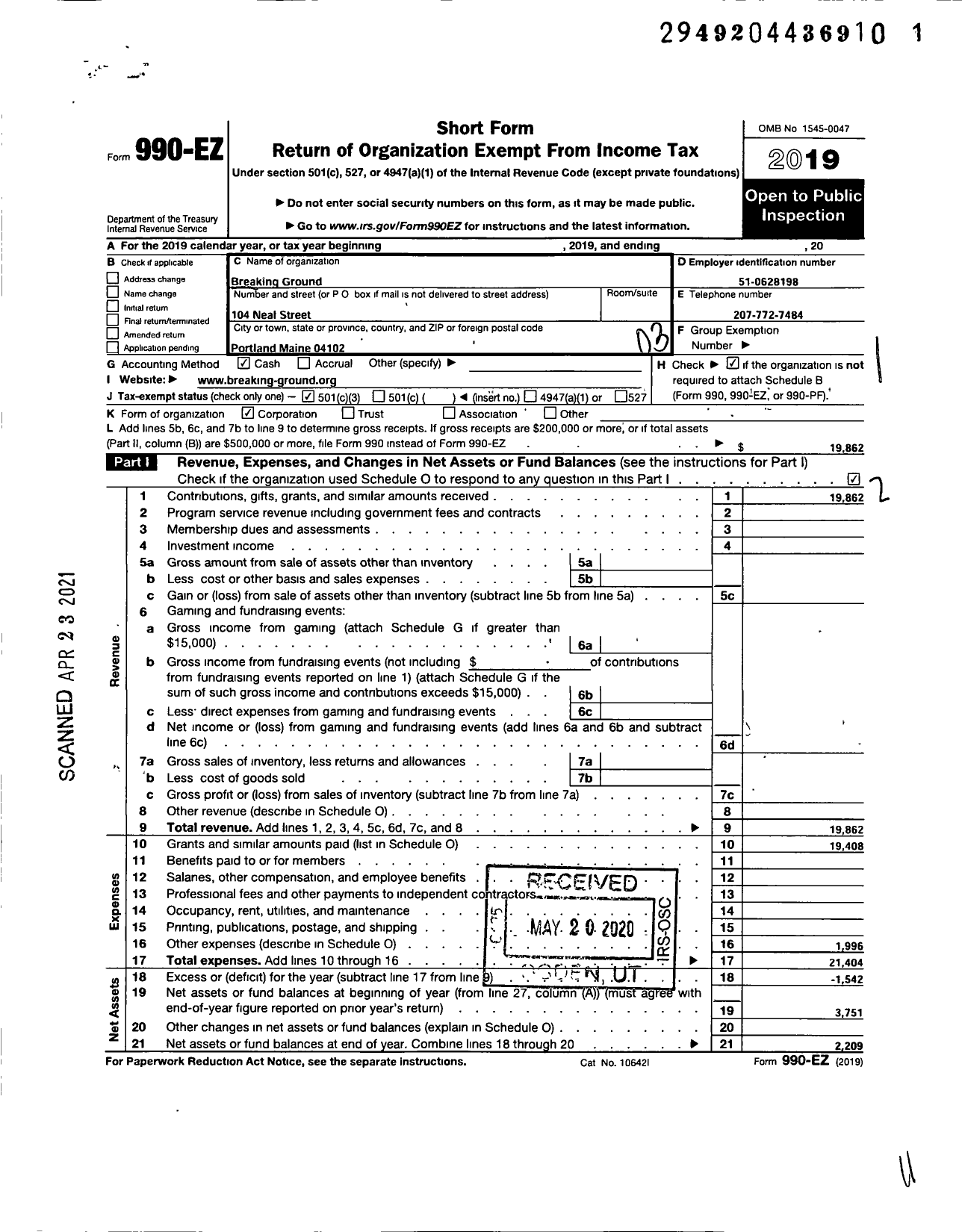 Image of first page of 2019 Form 990EZ for Breaking Ground