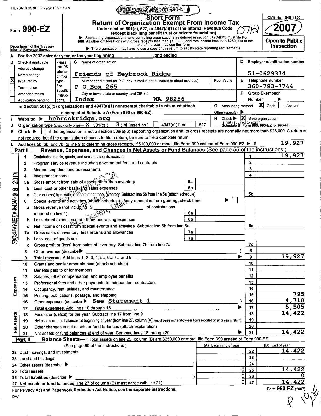 Image of first page of 2007 Form 990EZ for Friends of Heybrook Ridge