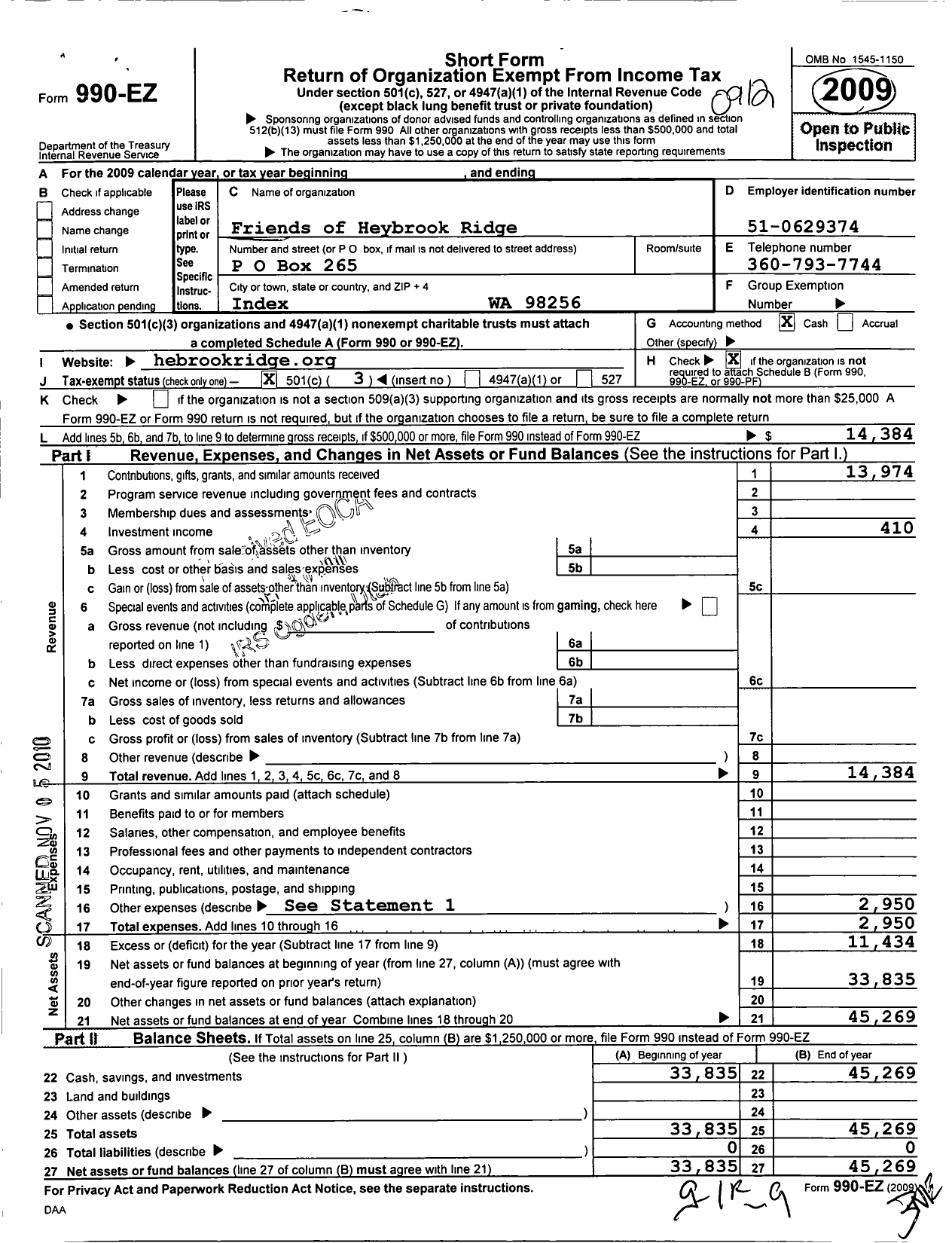 Image of first page of 2009 Form 990EZ for Friends of Heybrook Ridge