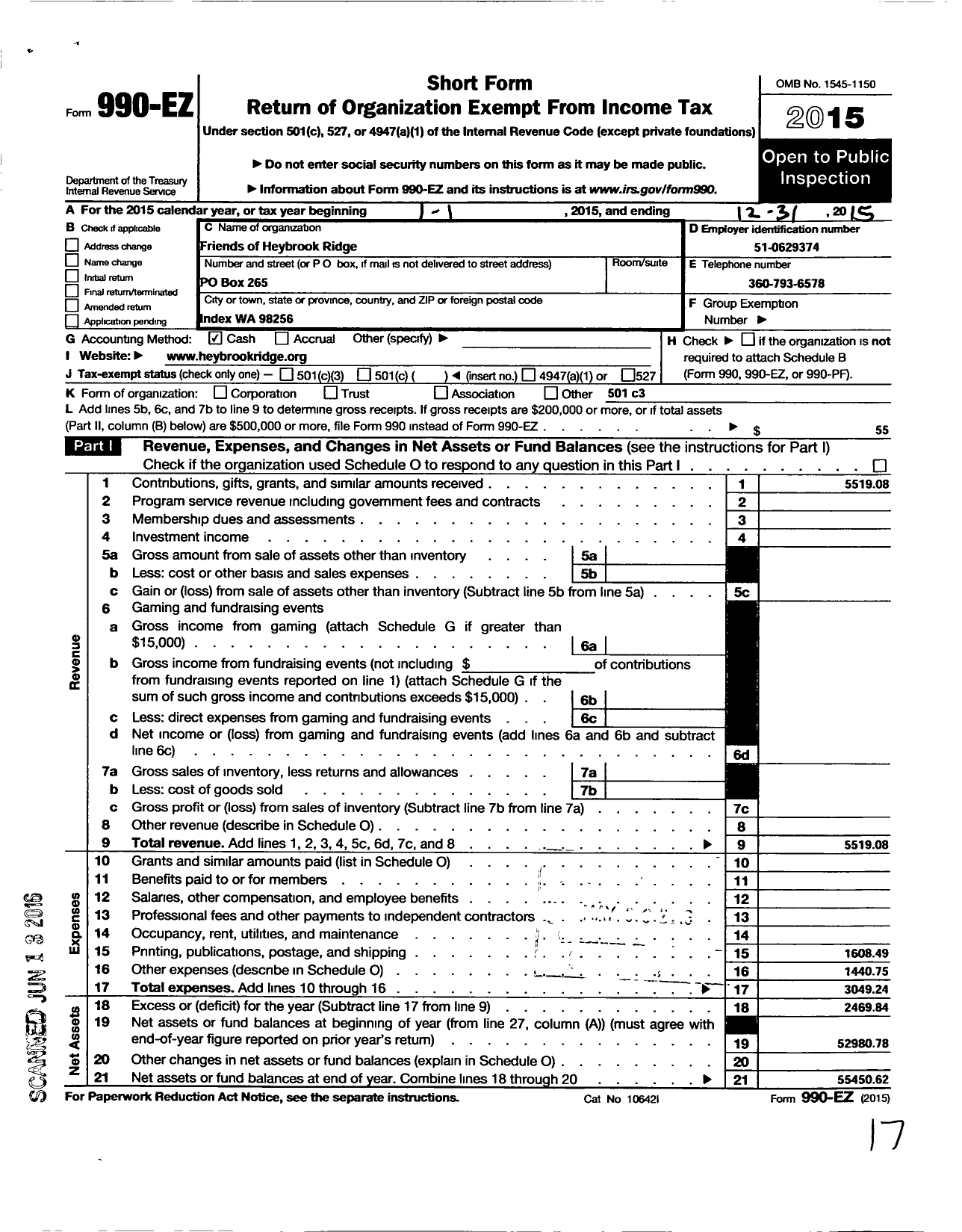 Image of first page of 2015 Form 990EO for Friends of Heybrook Ridge