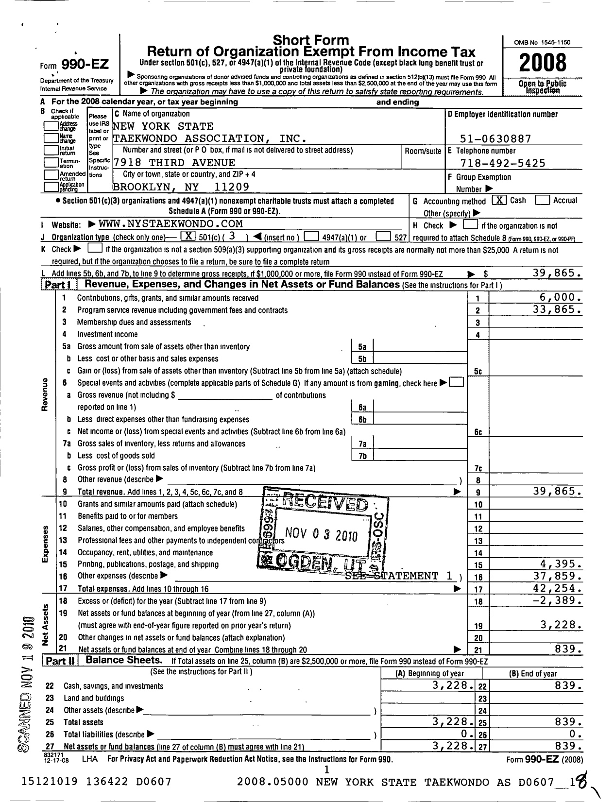 Image of first page of 2008 Form 990EZ for New York State Taekwondo Association