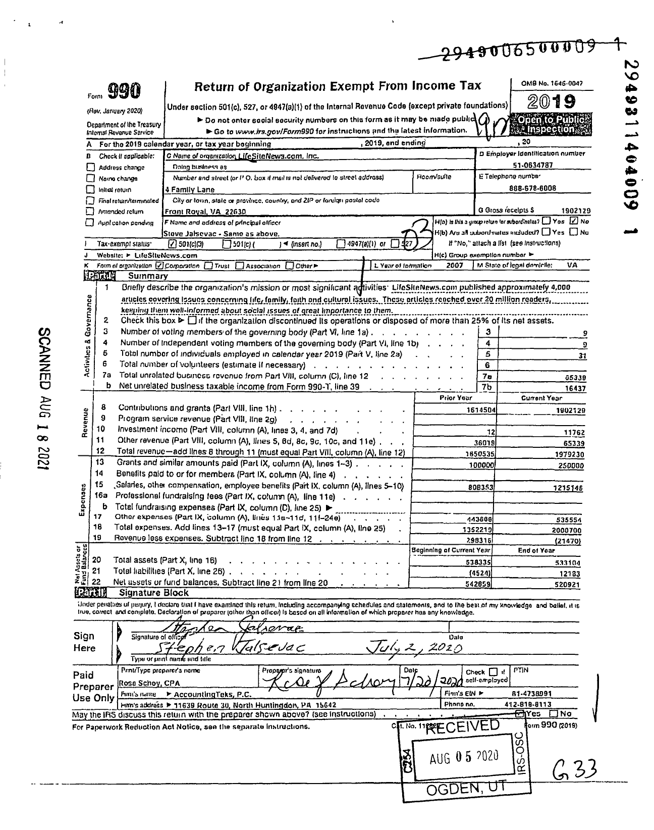 Image of first page of 2019 Form 990 for Lifesitenewscom