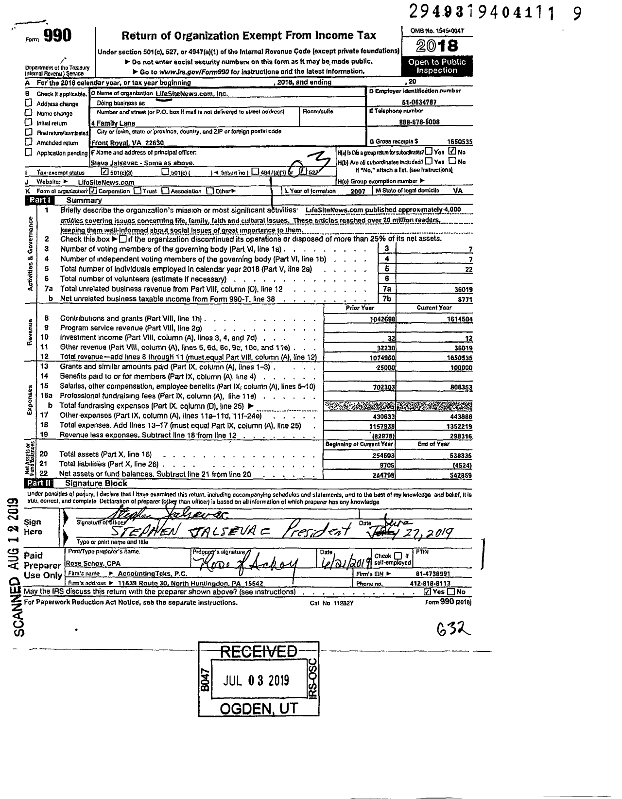 Image of first page of 2018 Form 990 for Lifesitenewscom