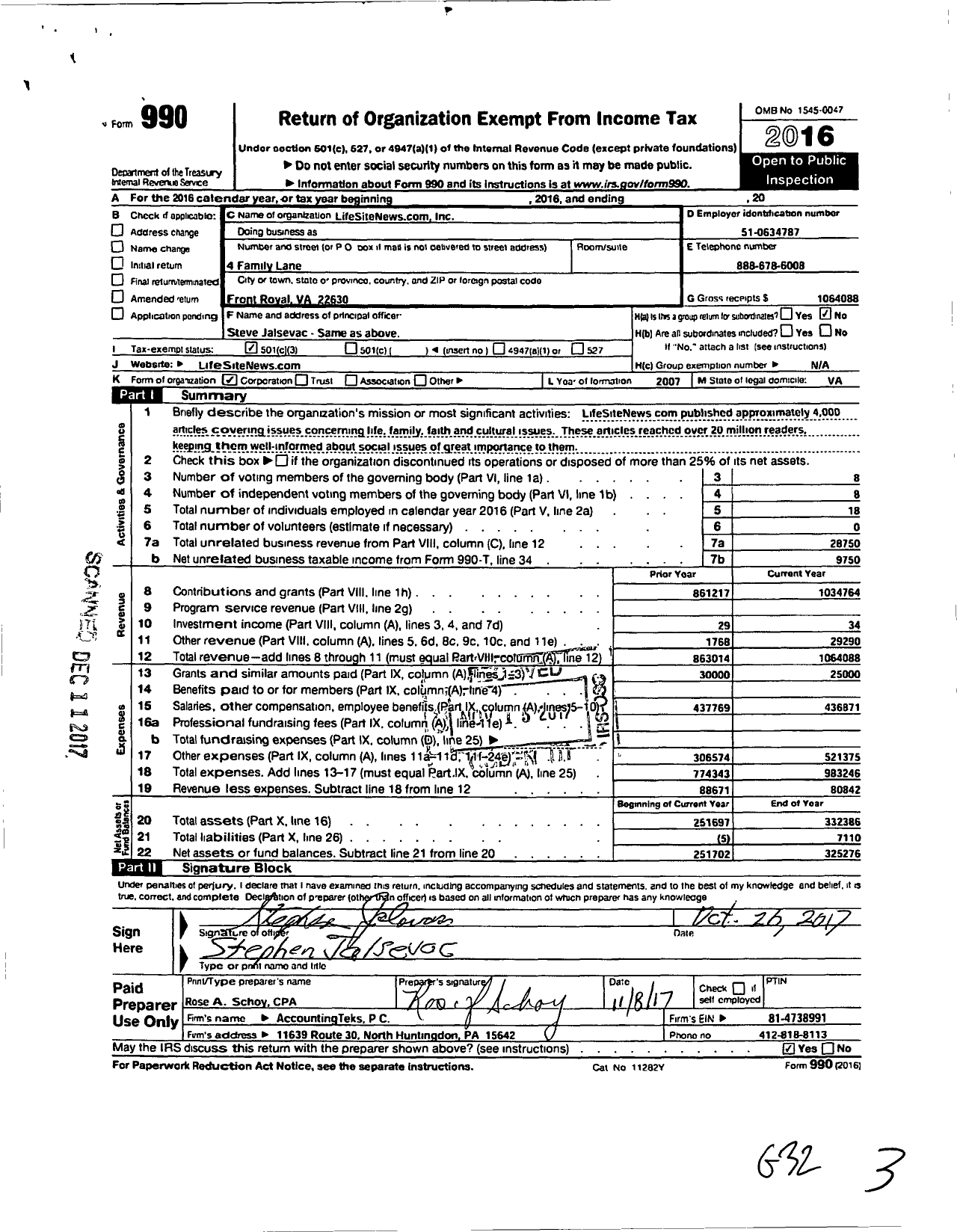 Image of first page of 2016 Form 990 for Lifesitenewscom