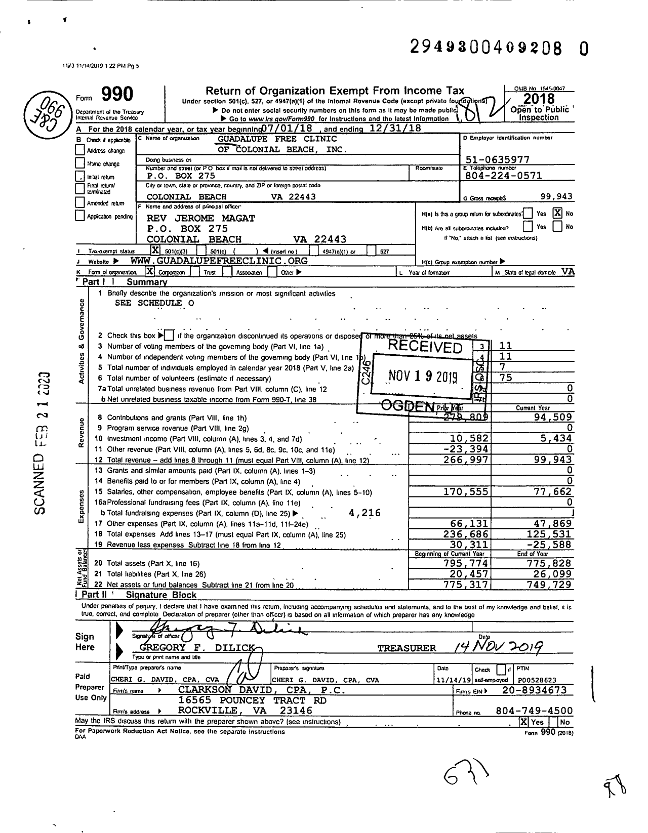 Image of first page of 2018 Form 990 for Guadalupe Free Clinic of Colonial Beach