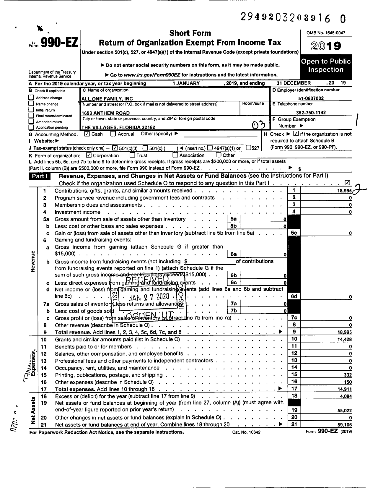 Image of first page of 2019 Form 990EZ for All One Family