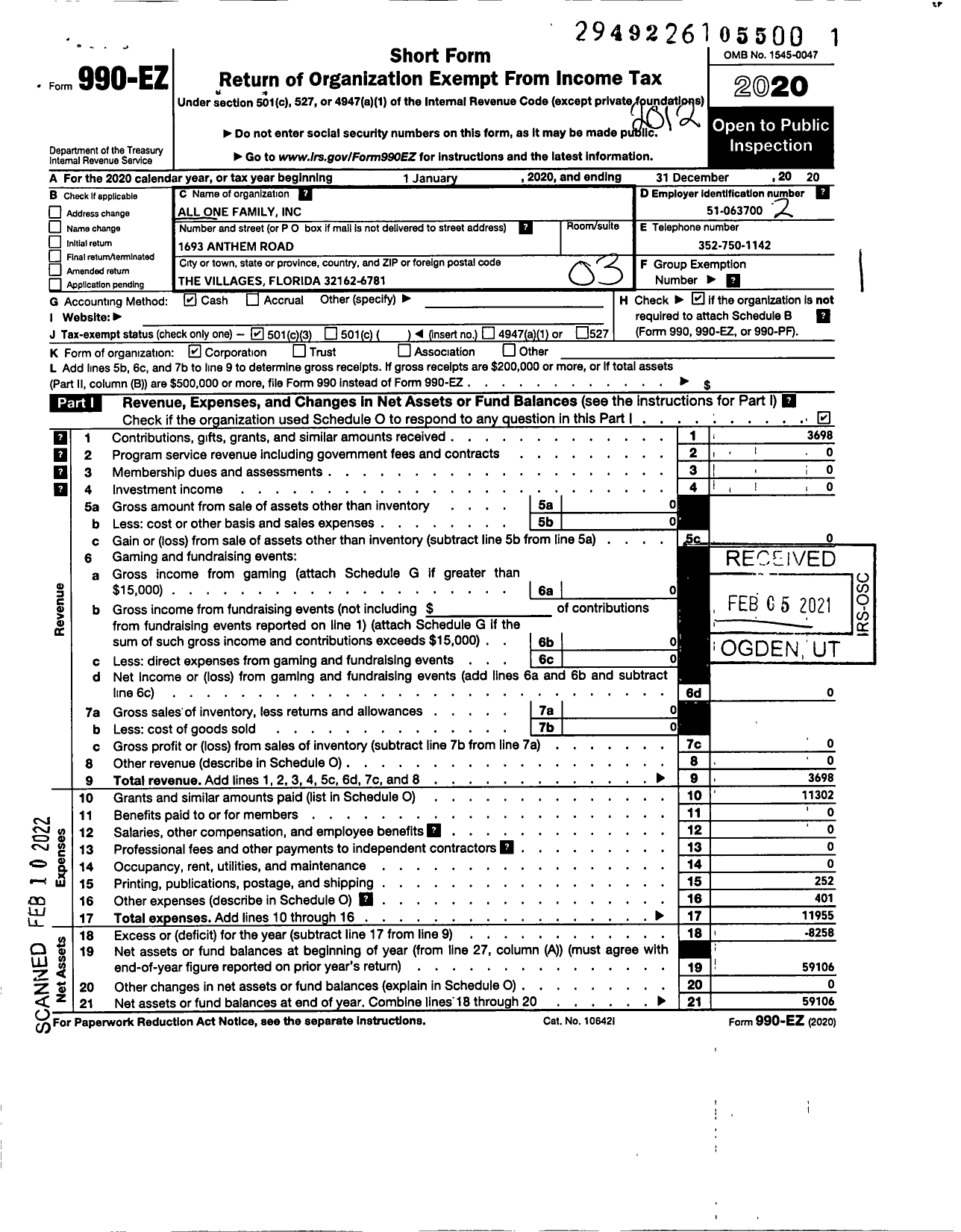 Image of first page of 2020 Form 990EZ for All One Family