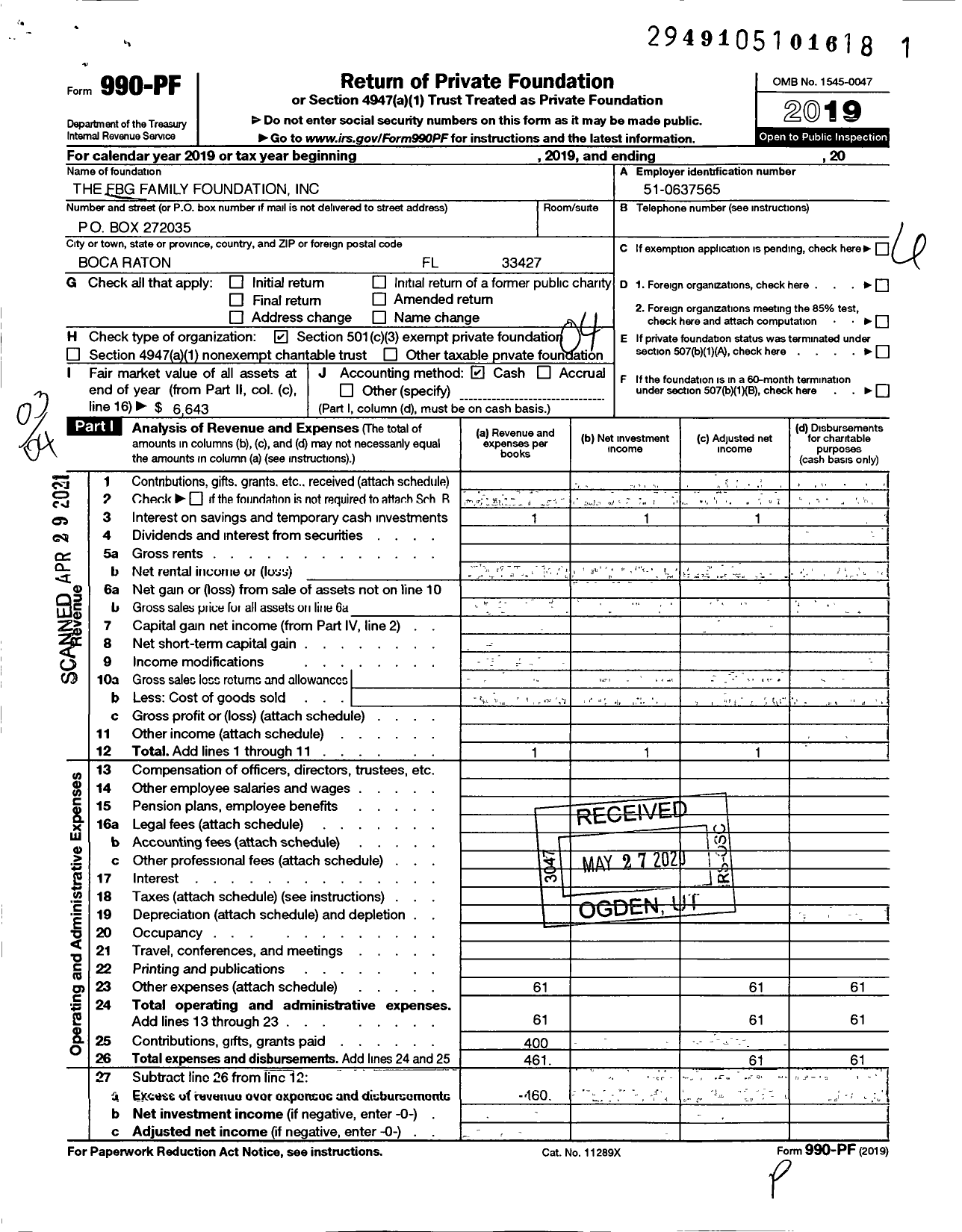 Image of first page of 2019 Form 990PF for The FBG Family Foundation