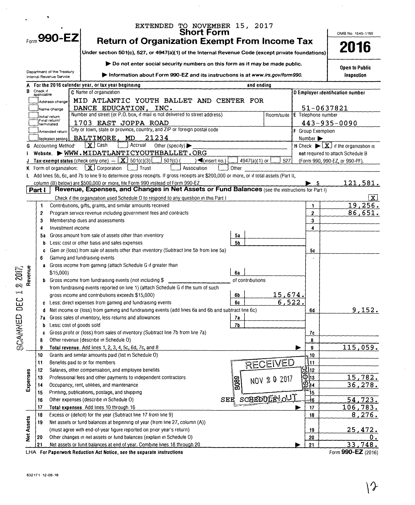 Image of first page of 2016 Form 990EZ for Mid Atlantic Youth Ballet and Center for Dance Education