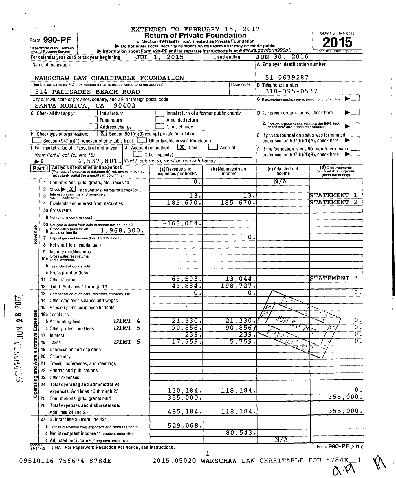 Image of first page of 2015 Form 990PF for Warschaw Law Charitable Foundation