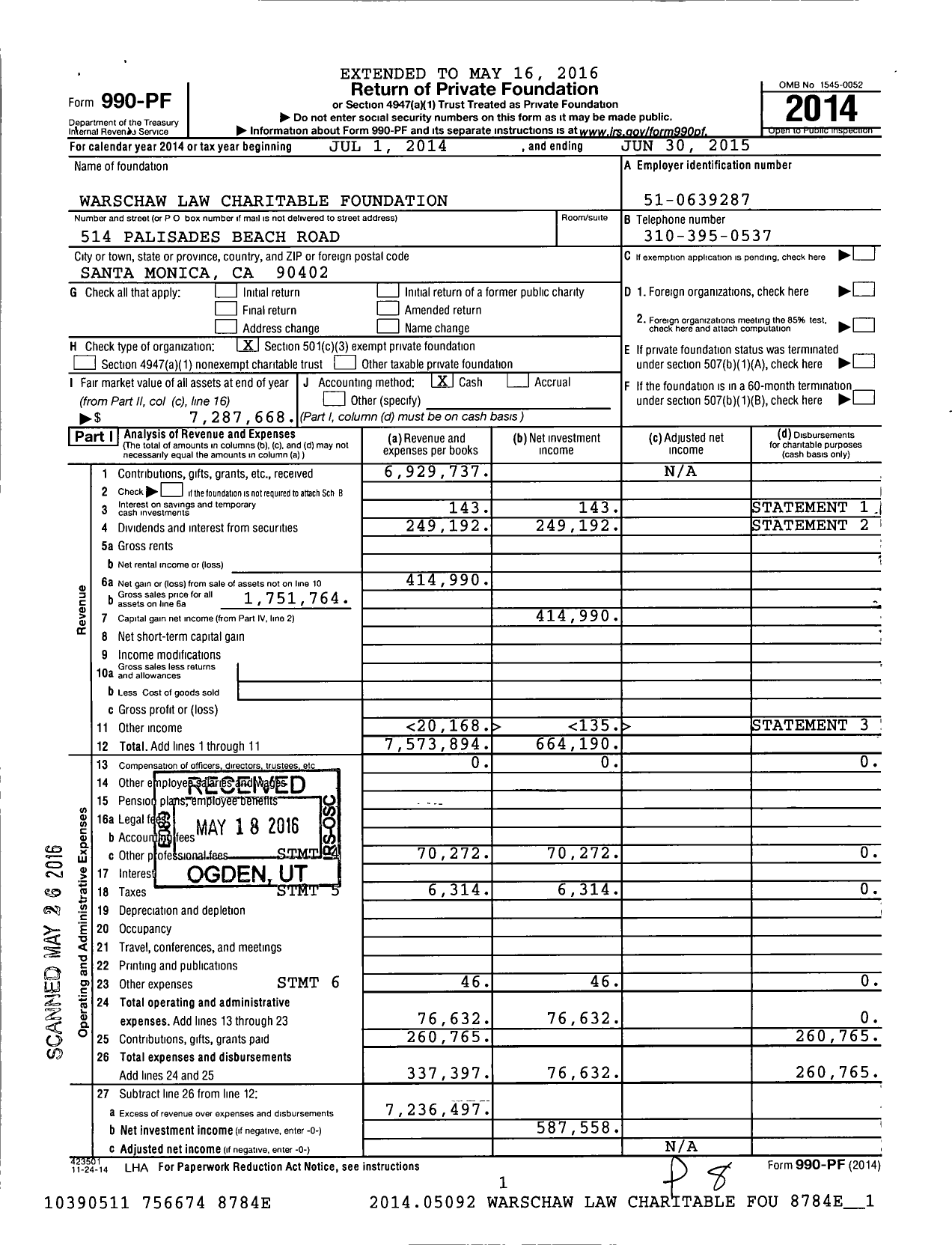 Image of first page of 2014 Form 990PF for Warschaw Law Charitable Foundation