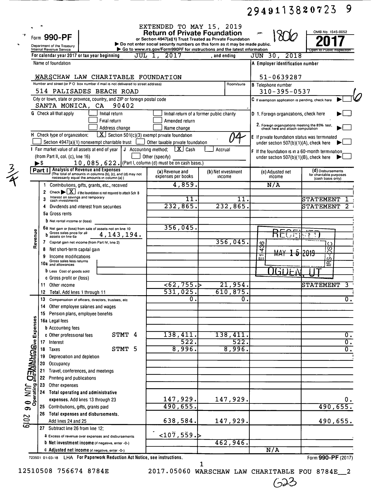 Image of first page of 2017 Form 990PF for Warschaw Law Charitable Foundation
