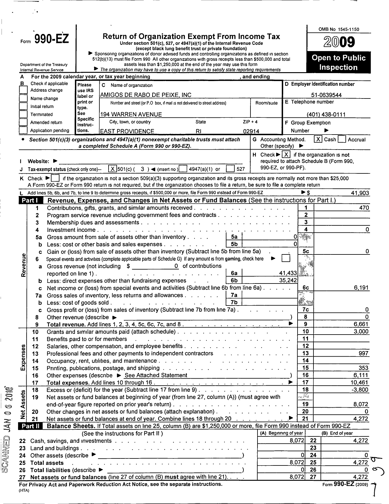 Image of first page of 2009 Form 990EZ for Amigos de Rabo de Peixe