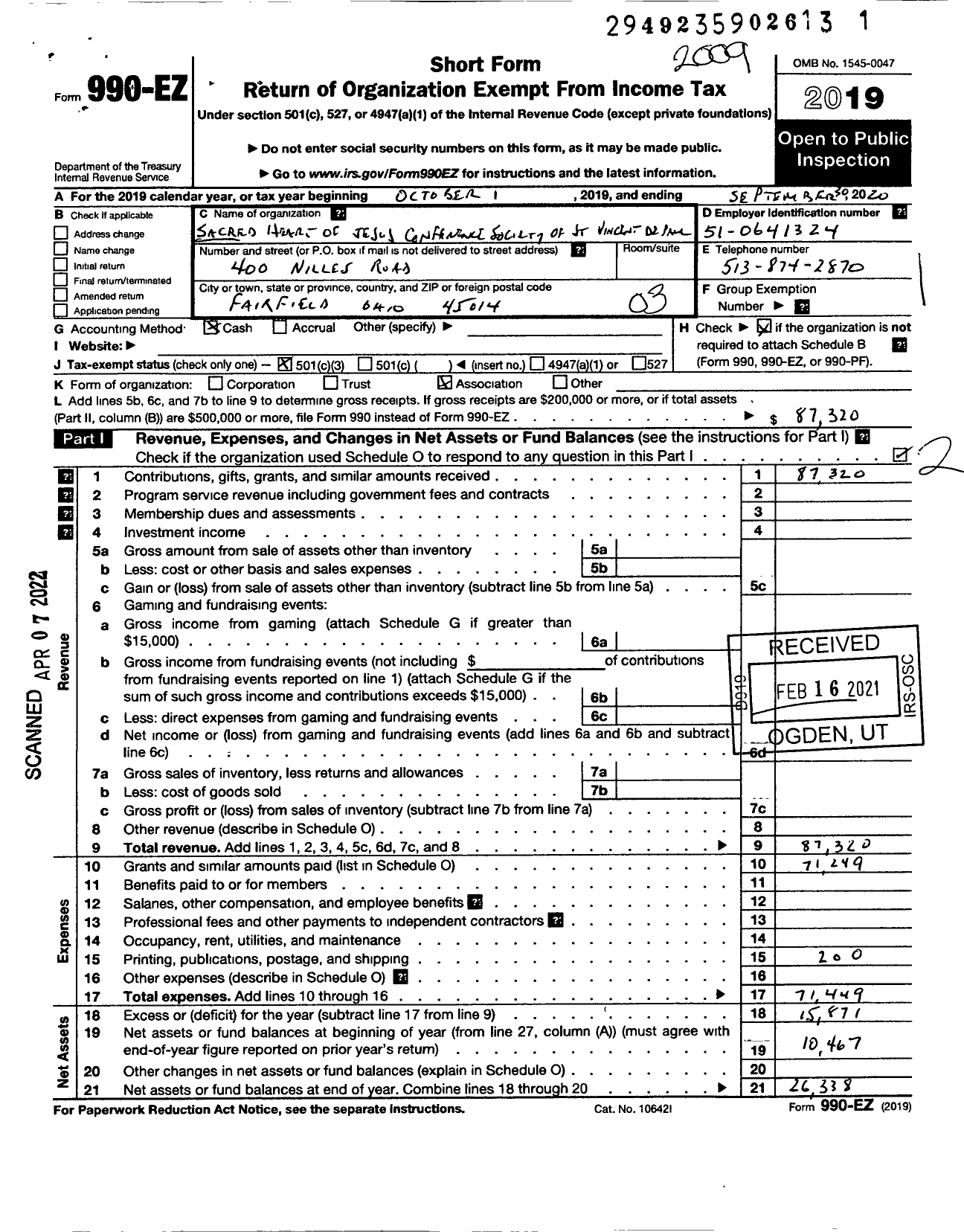 Image of first page of 2019 Form 990EZ for Sacred Heart of Jesus Conference Society of St Vincent de Paul