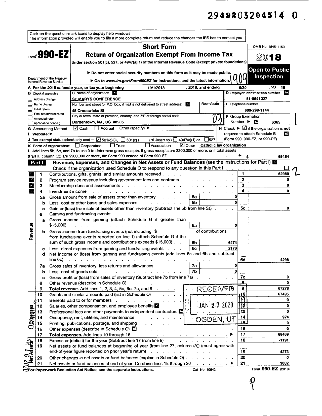 Image of first page of 2018 Form 990EZ for St Marys Conference