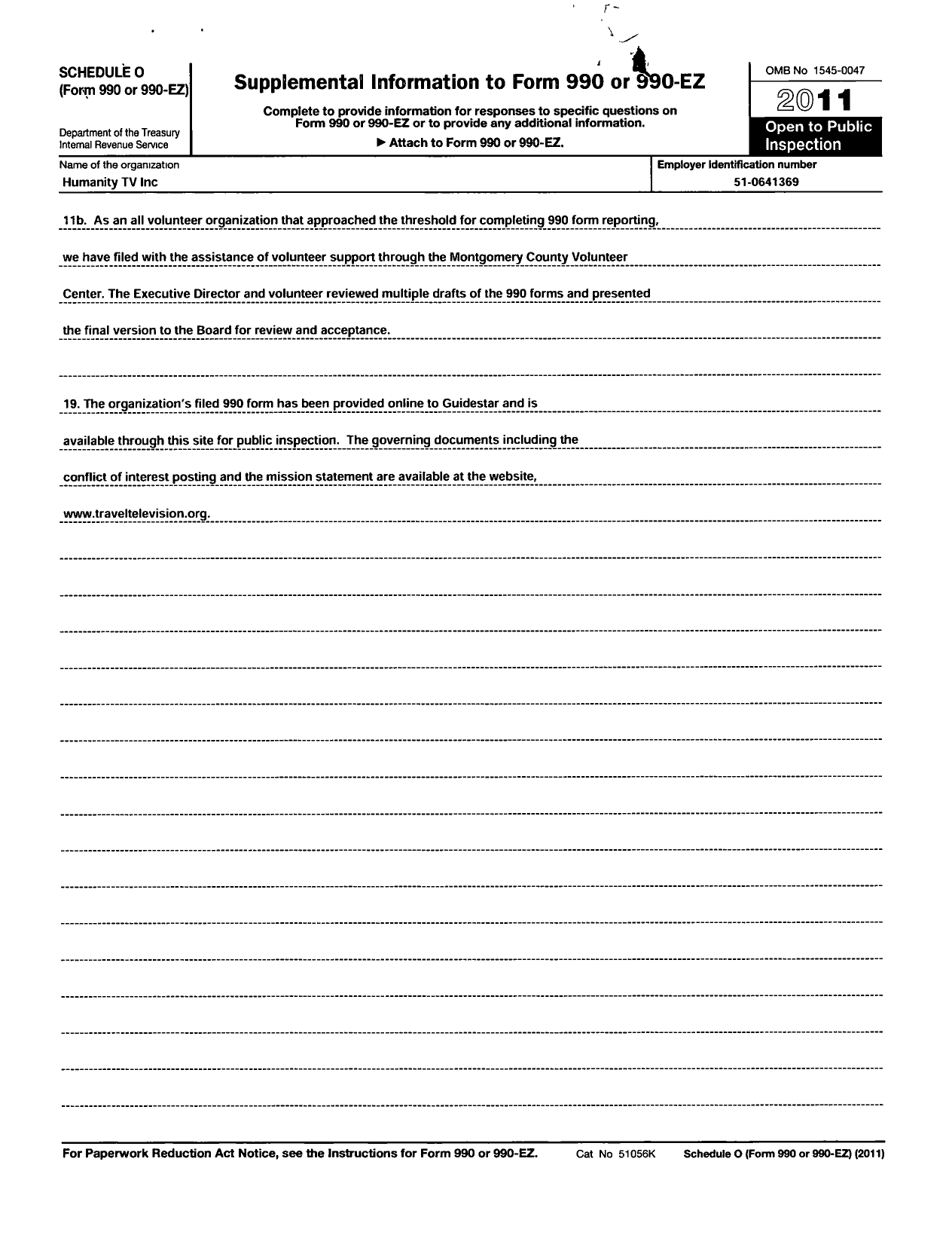 Image of first page of 2011 Form 990R for Humanity TV