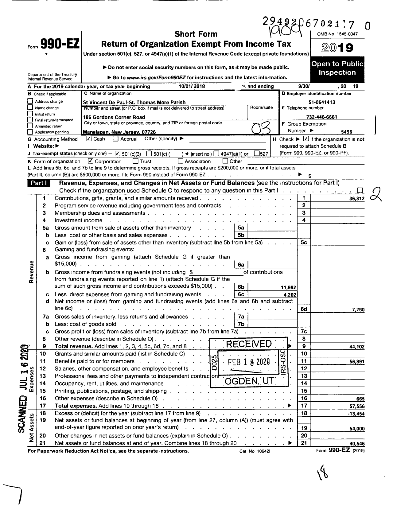 Image of first page of 2018 Form 990EZ for St Vincent de Paul St Thomas More Parish