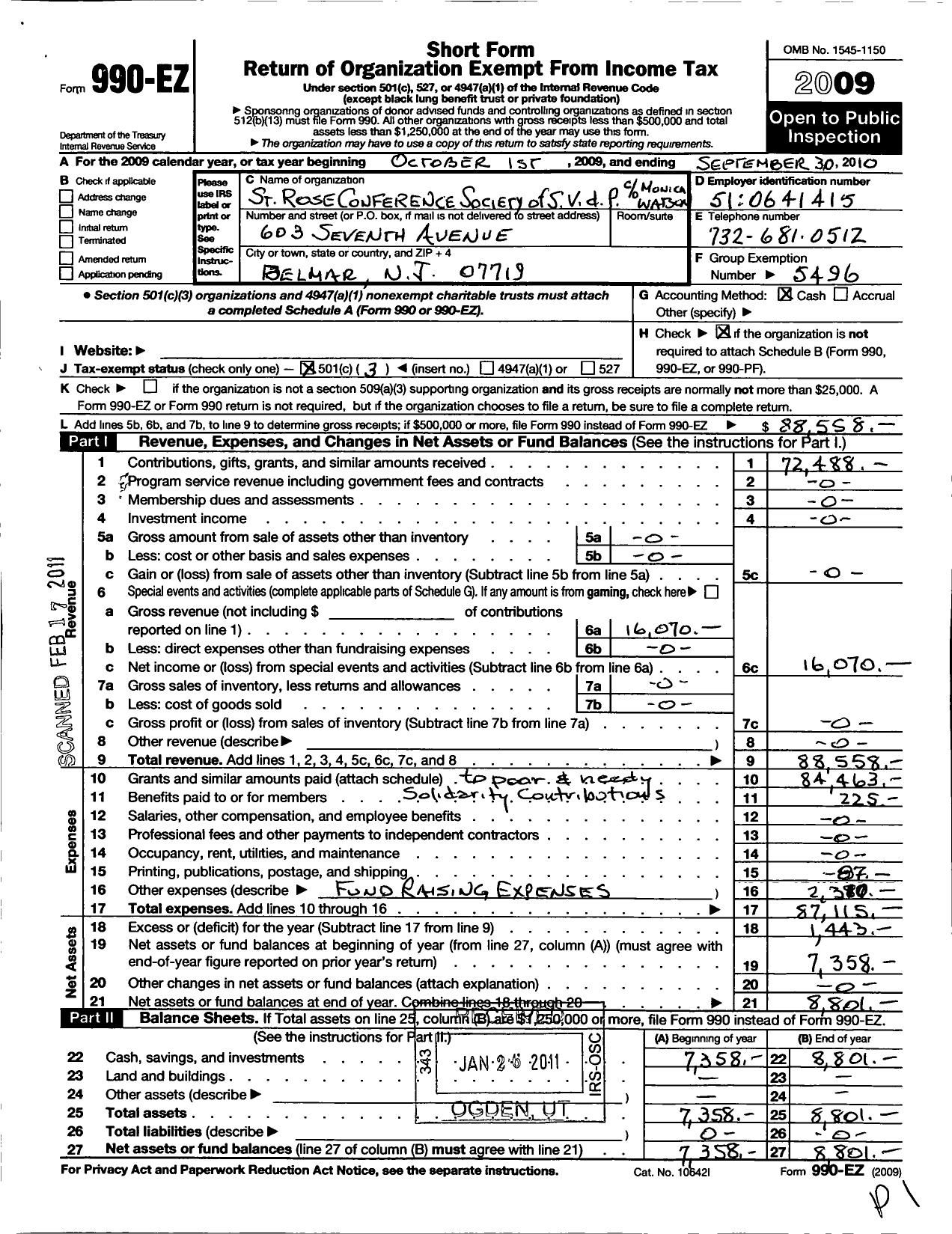 Image of first page of 2009 Form 990EZ for St Rose Conference Society of St Vincent de Paul