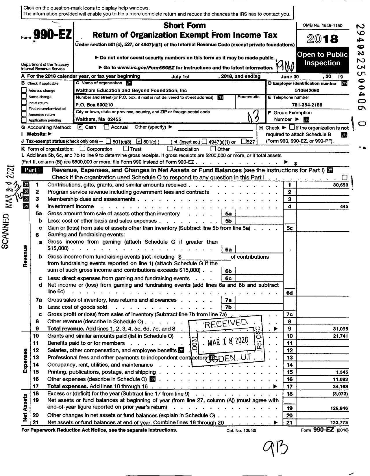 Image of first page of 2018 Form 990EZ for Waltham Education and Beyond Foundation