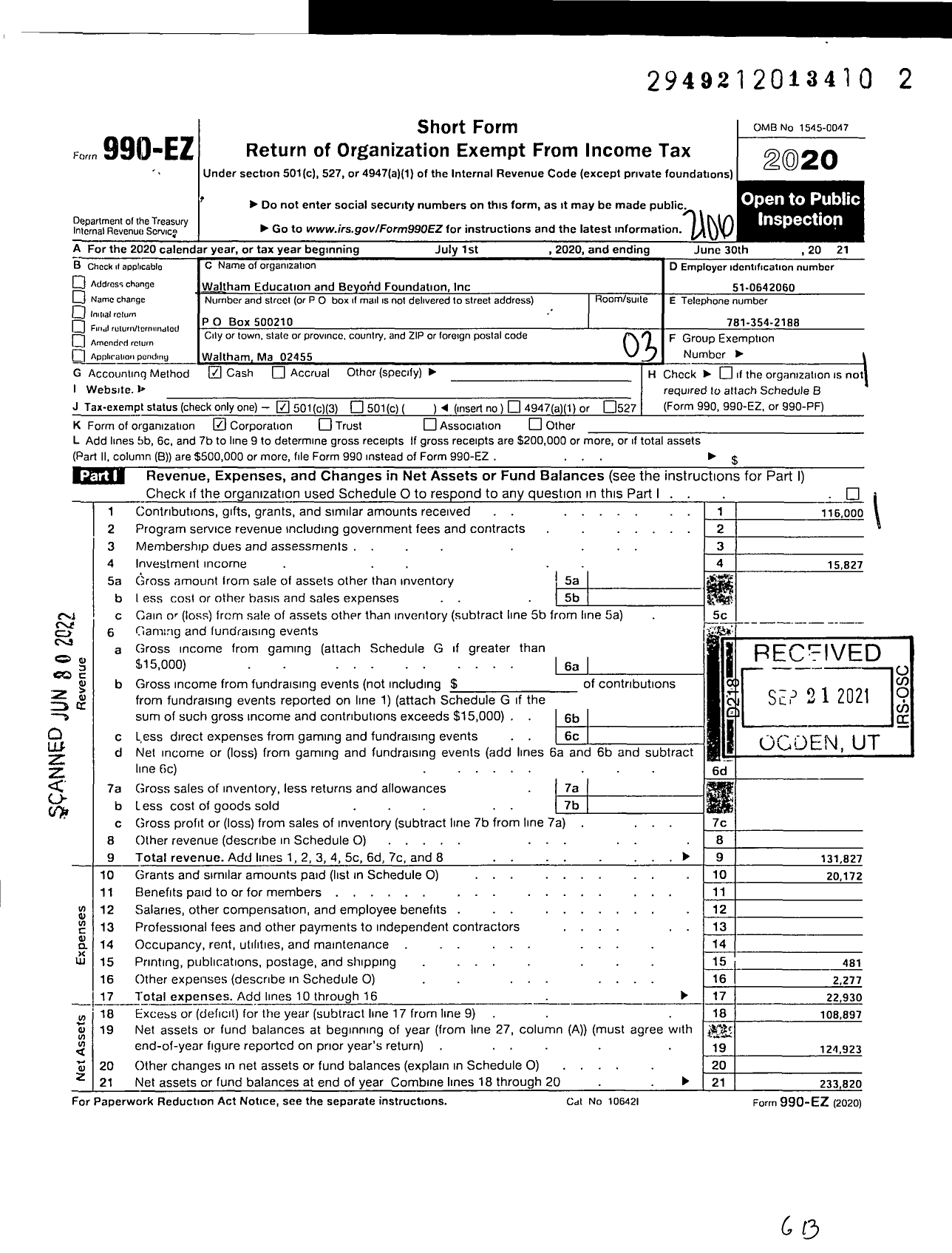 Image of first page of 2020 Form 990EZ for Waltham Education and Beyond Foundation