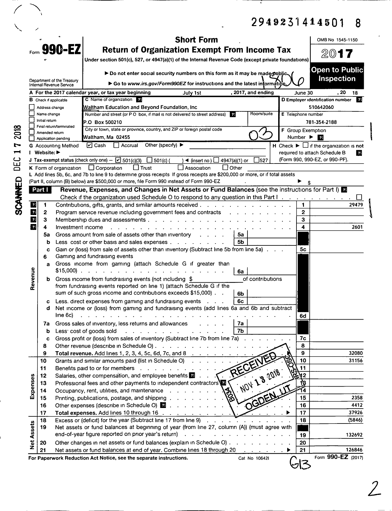 Image of first page of 2017 Form 990EZ for Waltham Education and Beyond Foundation