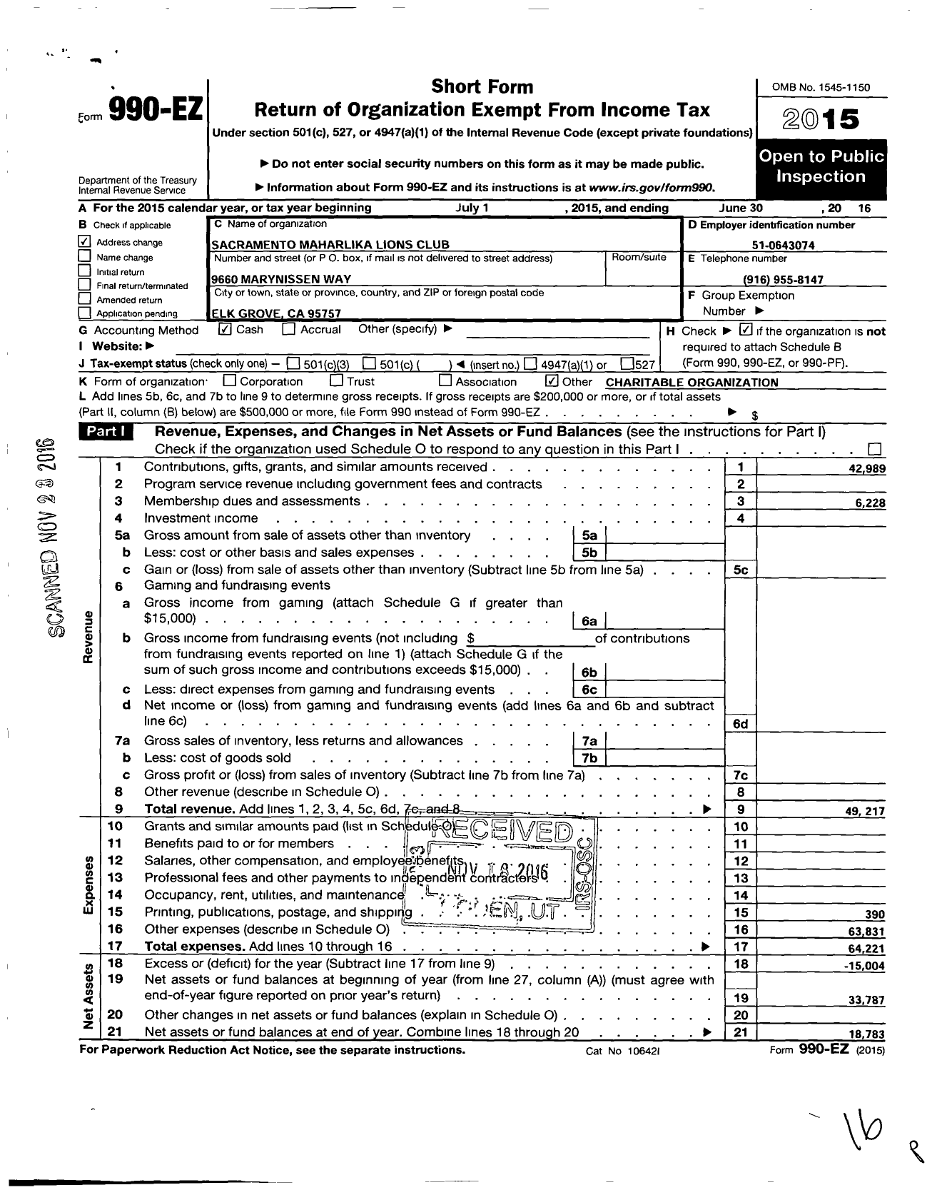 Image of first page of 2015 Form 990EO for Lions Clubs - 54715 Sacramento Maharlika