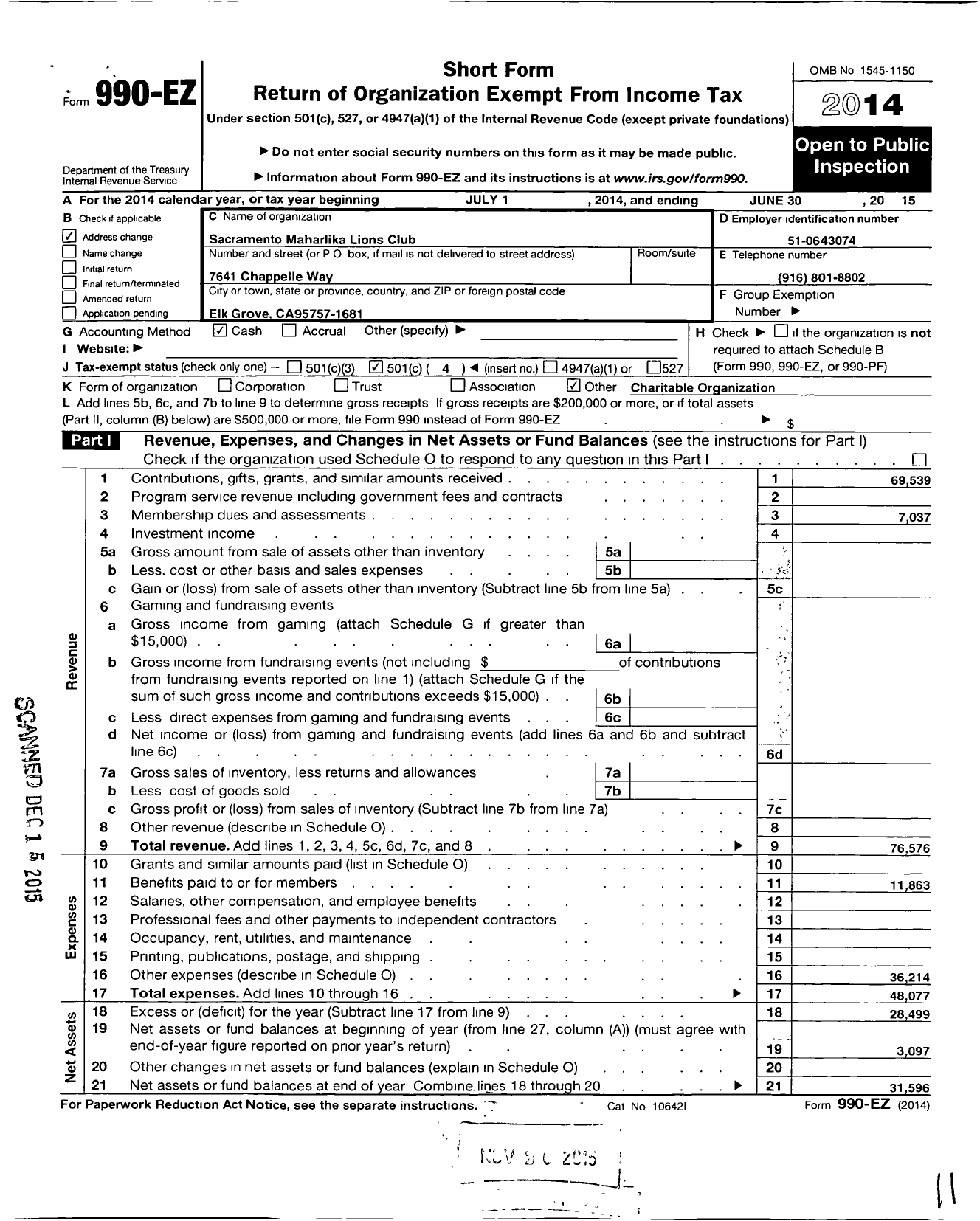 Image of first page of 2014 Form 990EO for Lions Clubs - 54715 Sacramento Maharlika